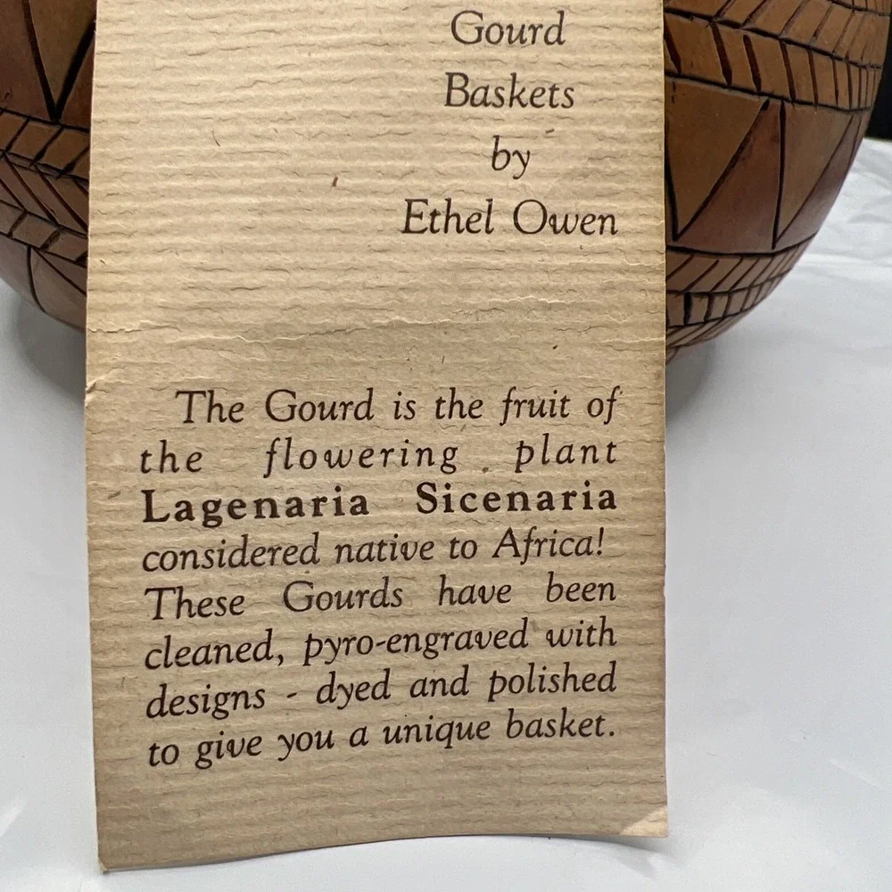 Ethel Owen Signed Handcrafted Gourd Basket Pyro Engraved Geometric Folk Art Vtg